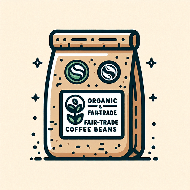a bag of organic fair trade coffee beans with certification logos