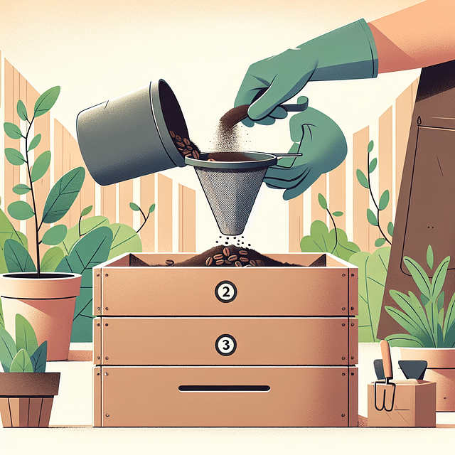 used coffee grounds being added to a compost bin