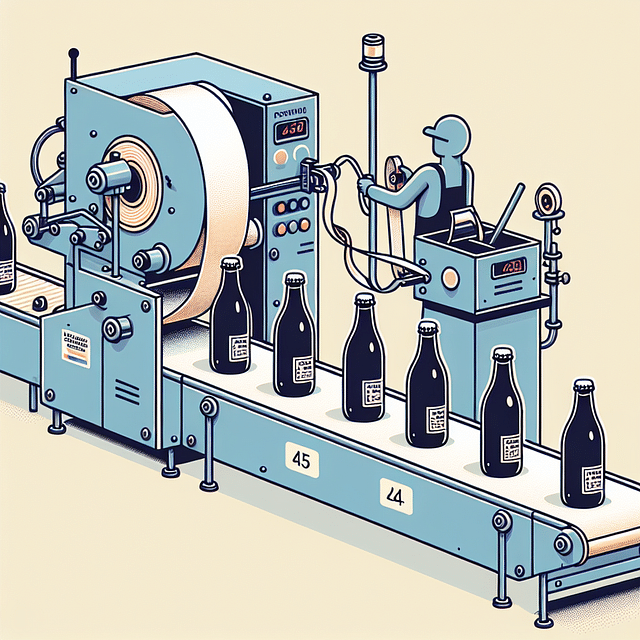 automatic labeling machine applying labels to cold brew coffee bottles