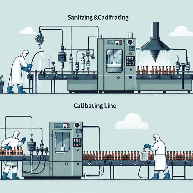 commercial cold brew bottling line being sanitized and calibrated