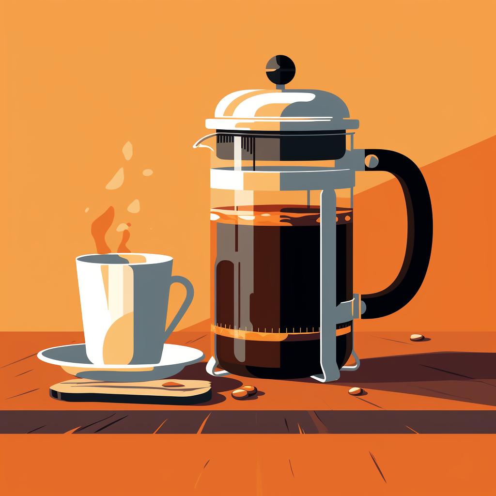 A French press filled with coffee brew, covered and left on a kitchen counter.