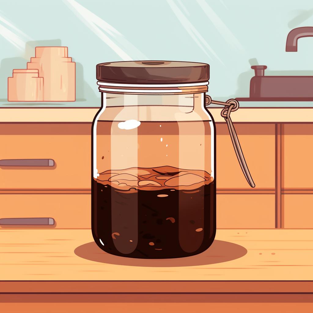 A jar of cold brew coffee steeping on a kitchen counter.