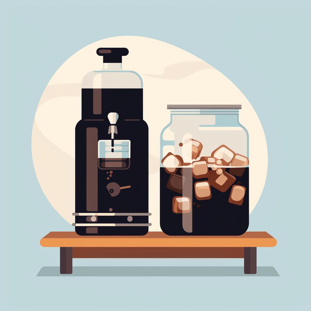 A bottle of filtered water next to a cold brew setup.