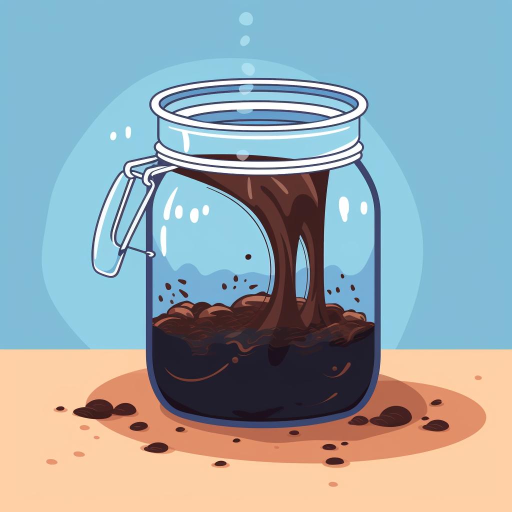 Coffee grounds and water being stirred in a large jar