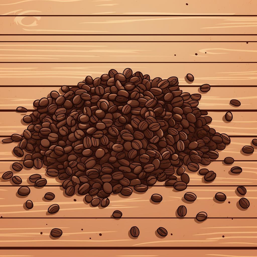 Coarsely ground coffee beans spread on a wooden surface.