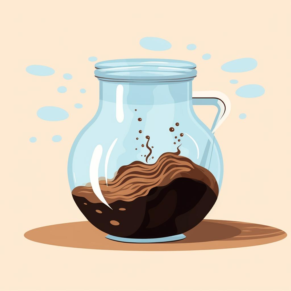 Coffee grounds and water being mixed in a large jar.