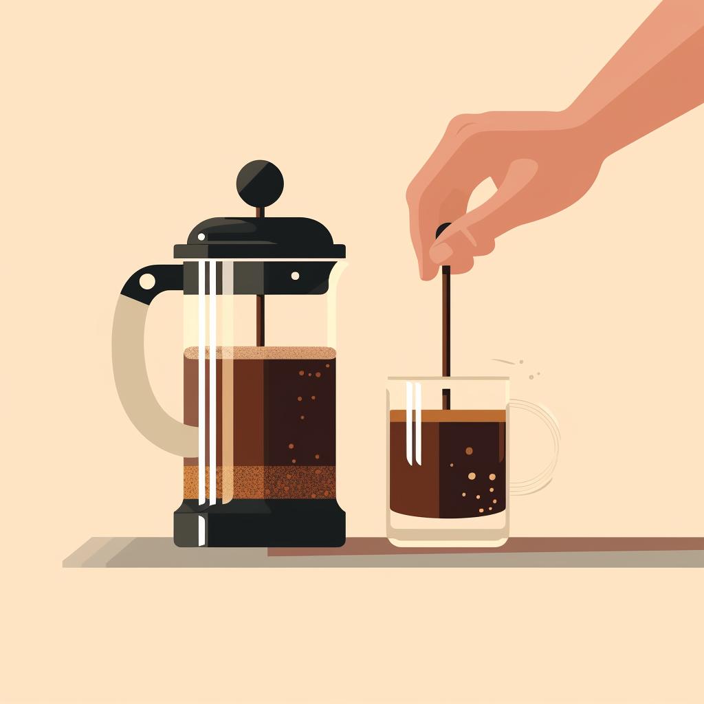 A hand pressing down the plunger of a French Press and pouring the coffee into a glass