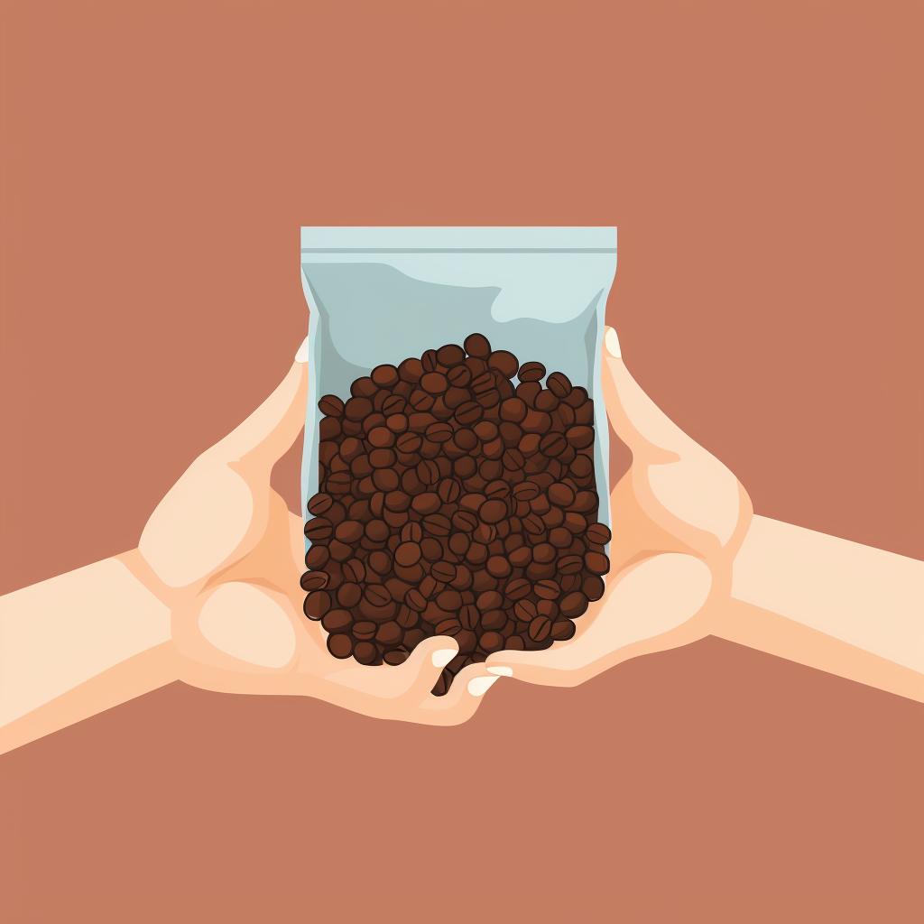 A hand holding a bag of medium to dark roast coffee beans.