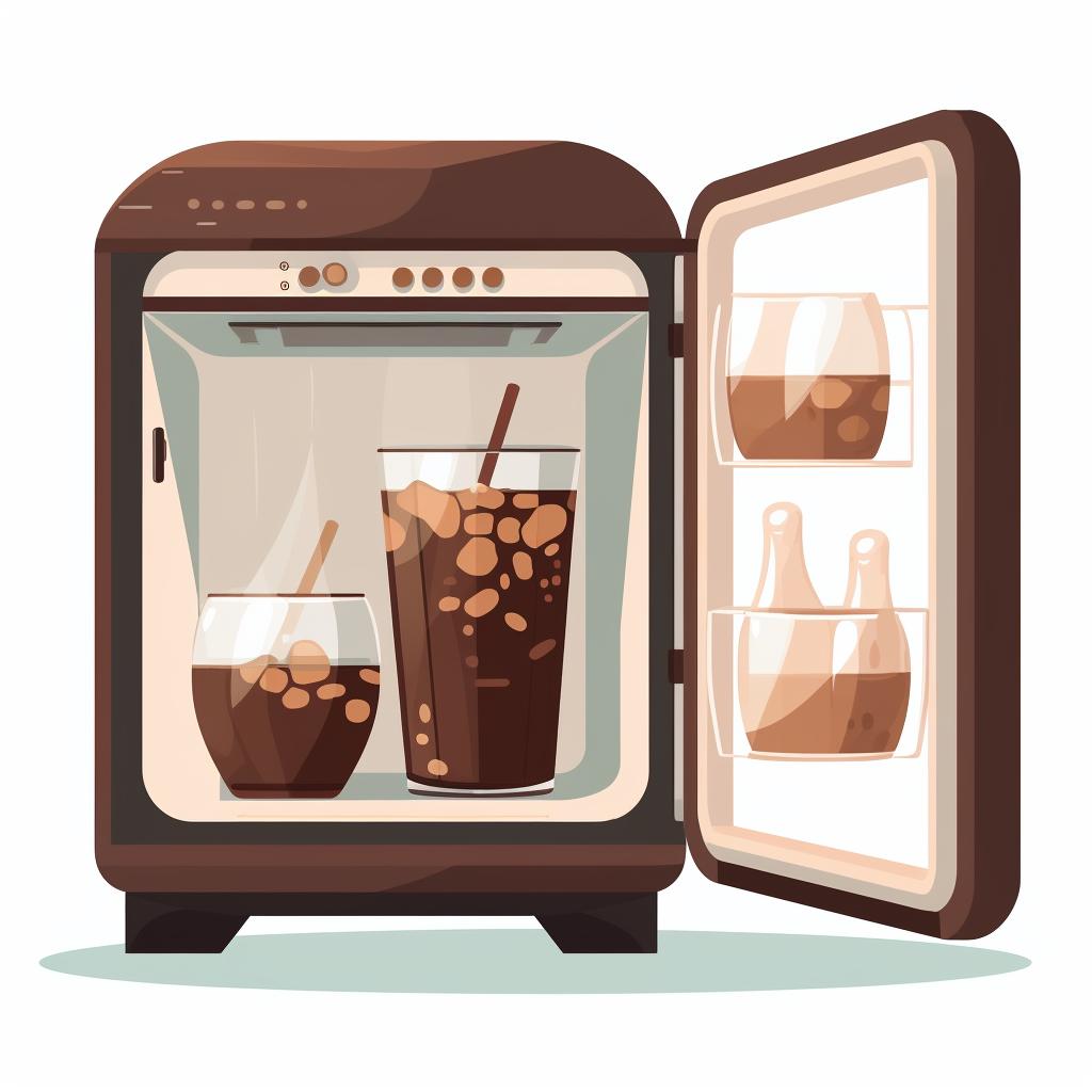 A covered pitcher of coffee mixture in a refrigerator.