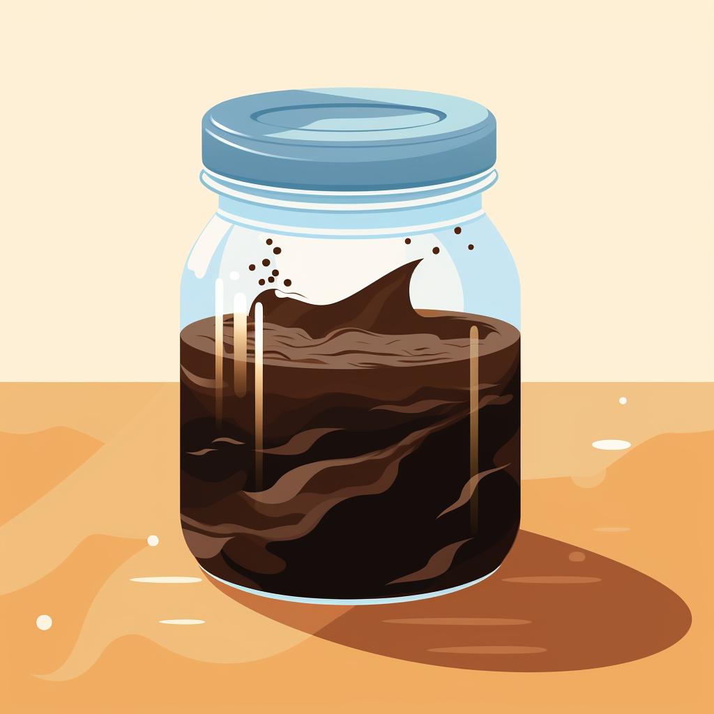 Coffee grounds and water being mixed in a jar