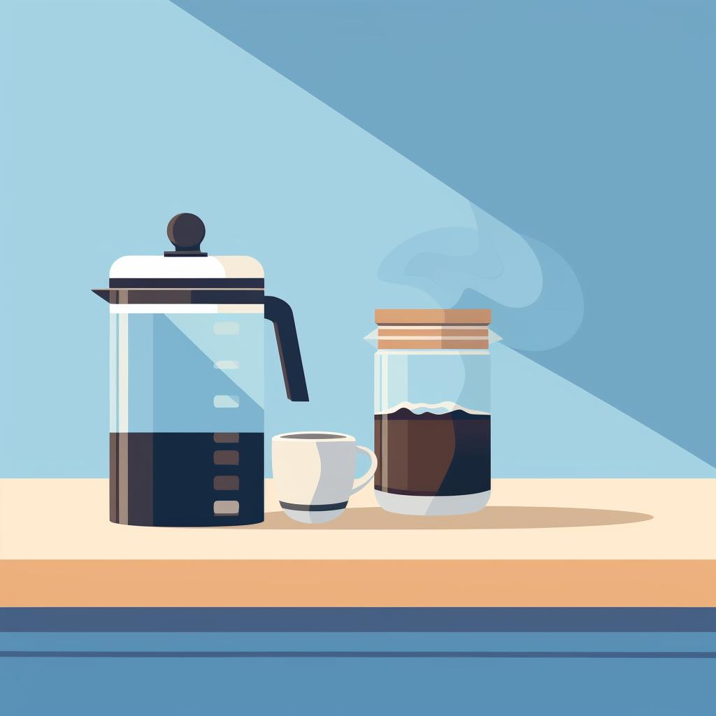A covered jar of coffee and water sitting on a counter